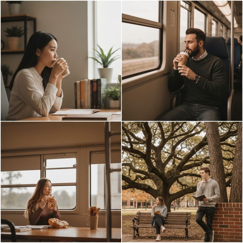 Person macht Pause mit Getränk und Snack an verschiedenen Orten